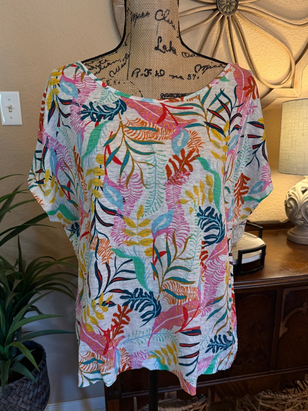 Cynthia Rowley Linen White Multi Tropical Leaf Short Sleeve Top